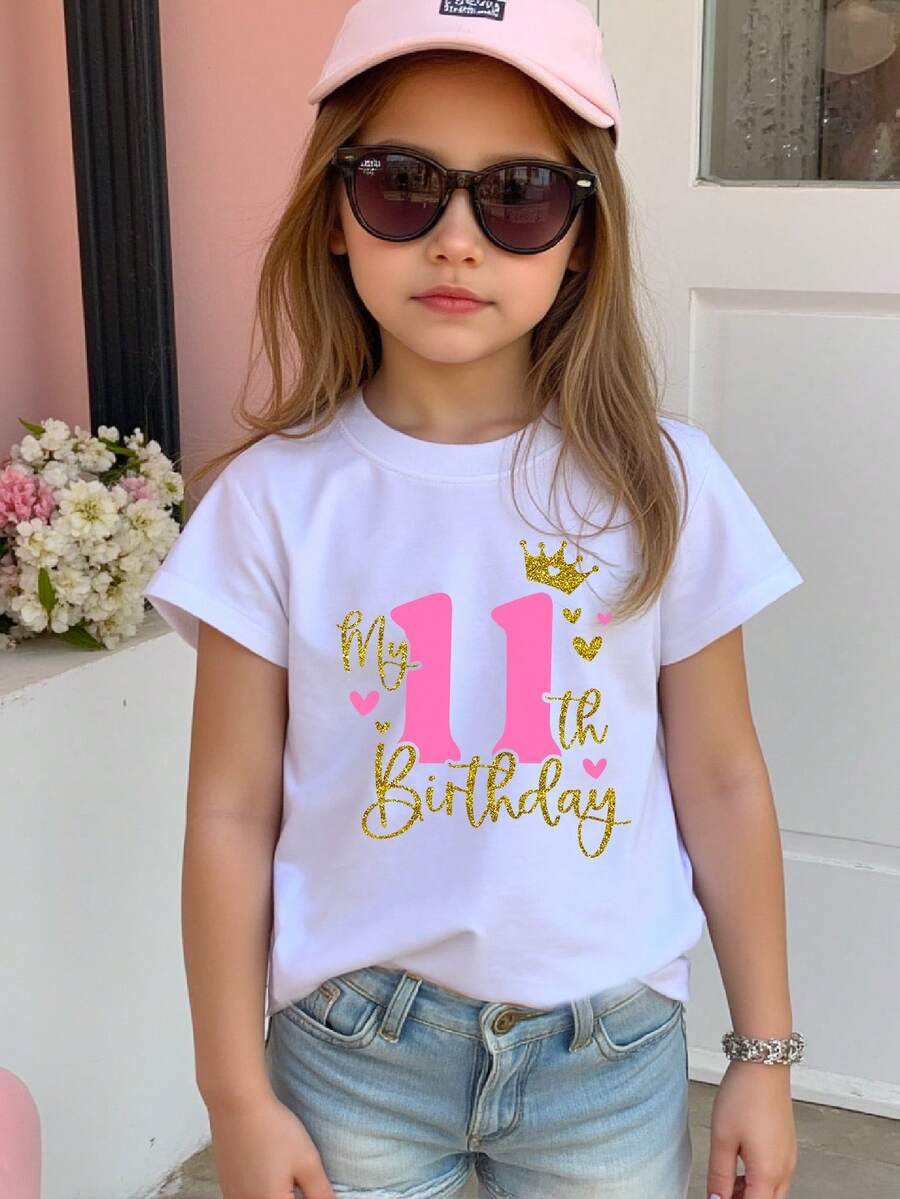 Girls My 11th Birthday Crown & Heart Print Round Neck Short Sleeve White T-Shirt, Suitable For Girls - White - View 1
