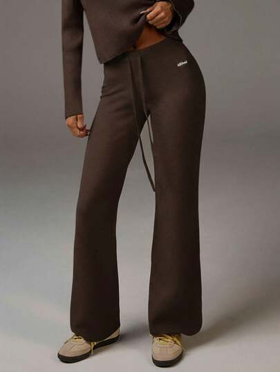 Athîral Pantalones de punto de unicolor casual para mujer, versátiles para otoño/invierno