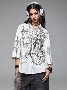 ROMWE Grunge Punk Y2K Punk Cyber Symbol Eyelet Decor Loose Women Shirt - White - View 6