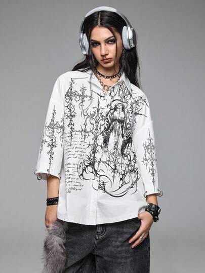 Grunge Punk Camisa holgada de mujer con decoración de ojetes con símbolos punk cibernéticos Y2K
