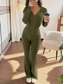 SHEIN PETITE 2 件套女式休闲连帽运动衫，带口袋和罗纹喇叭裤，百搭秋冬装 - 軍綠色 - 查看 5