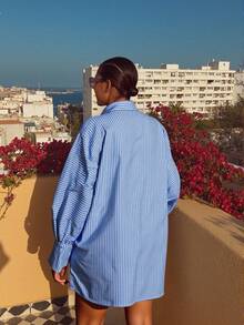 大码女式编织条纹宽松休闲节日连衣裙 - 藍色 - 查看 2