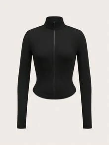 SHEIN EZwear 1件女士黑色罗纹针织开衫，适合秋季 - 黑色 - 查看 3