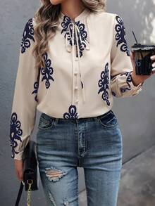 EMERY ROSE 女士优雅锦缎印花领带灯笼袖宽松衬衫，适合春秋季 - 彩色 - 查看 3