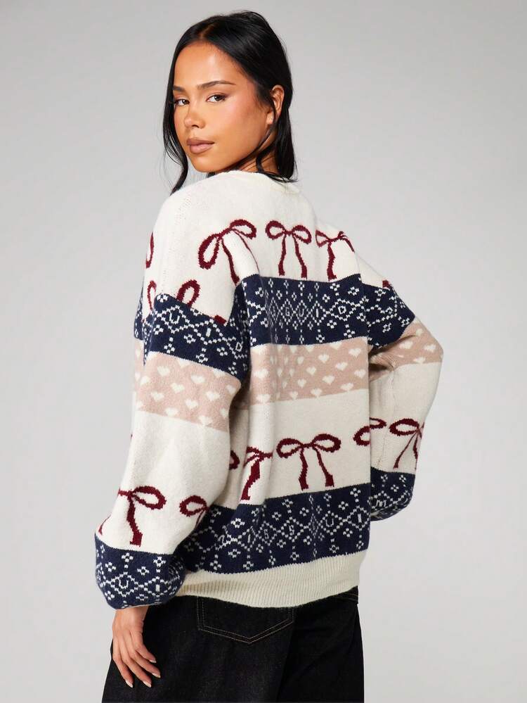 MISSGUIDED Oversized Christmas Jumper With Fair Isle Pattern And Bow Details Holiday Knitted Pullover For Winter Celebrations