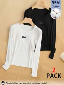 2pcs 95% Cotton Embroidered Letter Patch Casual Slim Fit Long Sleeve Crew Neck T-Shirt Set, Suitable For Autumn/Winter - Black and White - View 11