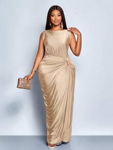 SOLERSUN Women's Plus Size Elegant Solid Color Pleated Hollow Out Fashion Metal Ring Buckle Niche Design Gathered Ruched Slit Sleeveless Long Maxi Dress Fall And Winter, Casual, Party, Bridesmaid, Halloween , Christmas, New Year's Eve, Holiday Clothing,Cocoon Wrap Design Dress,Graduation Dress,Elegant Dresses For Women,Fall Outfits Women,Winter Dresses For Womwen,New Year Look,Prom Dress,Brown Dress - Apricot - View 4