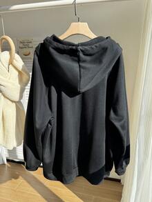 SHEIN EZwear Sudadera con cremallera de talla grande con estampado de esqueleto para Halloween, sudadera de esqueleto, sudadera de Halloween, sudadera con cremallera negra, sudadera gótica para invierno, otoño - Negro - Ver 2