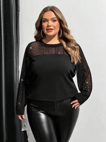 SHEIN CURVE+ Maglietta a maniche lunghe da donna taglie forti, abbigliamento casual quotidiano - nero - Visualizzare 3