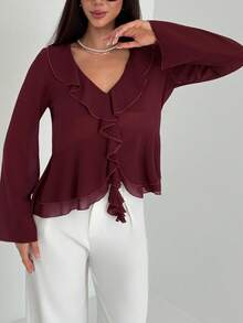 Aloruh Nouvelle blouse ajustée à manches longues, col en V profond, avec décoration de volants, style bohème décontracté pour le travail et le quotidien. Top rouge, Noël, hauts rouges pour femmes - Rouge foncé - Voir 6