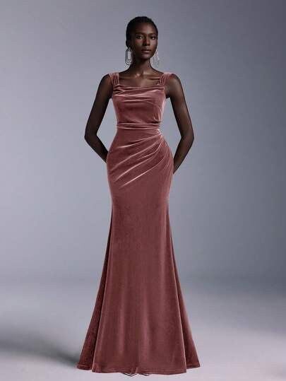 Elitara Women's Solid Color Square Neck Sleeveless Fitted Elegant Bridesmaid Dress (Adult)