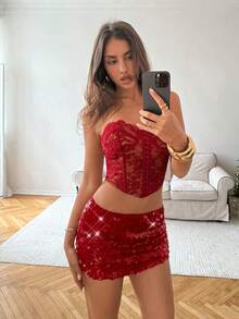 Aloruh Sequin Low Waist Versatile Mini Skirt, Suitable For Music Festivals And Casual Outings, Red Christmas Winter Fall Christmas Skirts For Women - Red - View 6