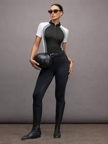 Activina 女式撞色纽扣半襟短袖马术上衣 - 黑色 - 查看 4