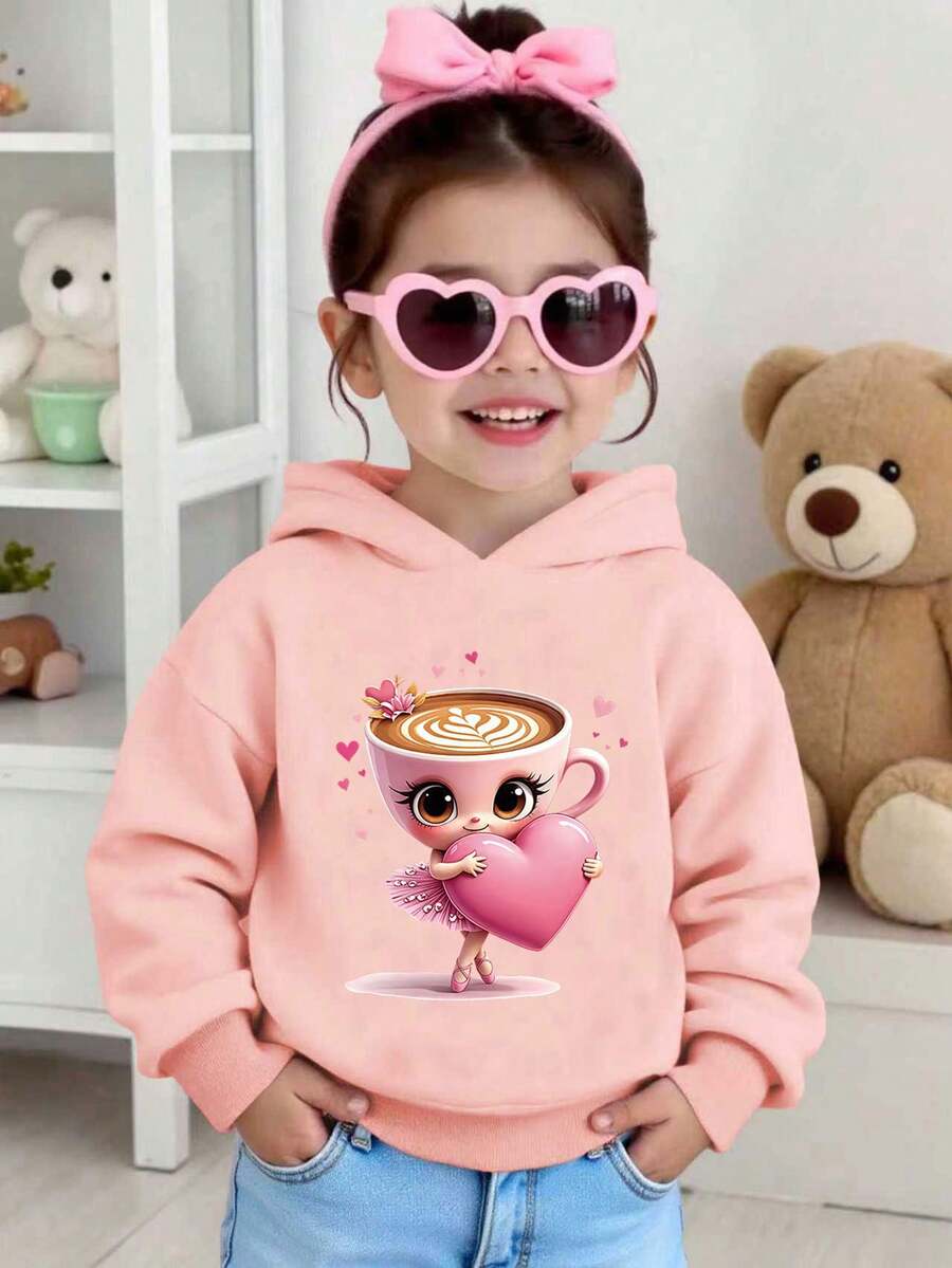 SHEIN Playful Pals 女童休闲可爱趣味卡布奇诺芭蕾舞者图案印花卫衣,粉色,适合日常、户外、运动和上学穿着,秋冬季节。 - 藕粉色 - 查看 1