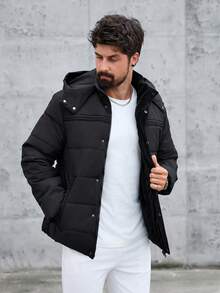 Manfinity Homme Herren einfarbige Kapuzen-Reißverschluss-Jacke mit Thermofutter, Herbst/Winter, für den täglichen Freizeitbereich, Wochenendausflüge, Outdoor-Aktivitäten, Reisen, entspannte Arbeitsumgebungen oder halbformelle Anlässe, Geschenk für Freund/Ehemann, Jahrestags-Geschenk - Schwarz - Übersicht 4