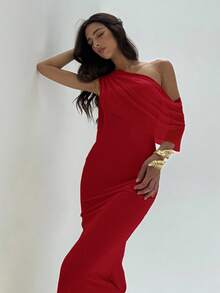 Aloruh 女士纯色斜肩修身优雅性感连衣裙 - 紅色 - 查看 7