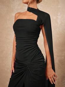 Lumalex Váy dài nữ có cổ khăn, ngực nhún và xẻ tà bên hông - màu đen - Xem 7