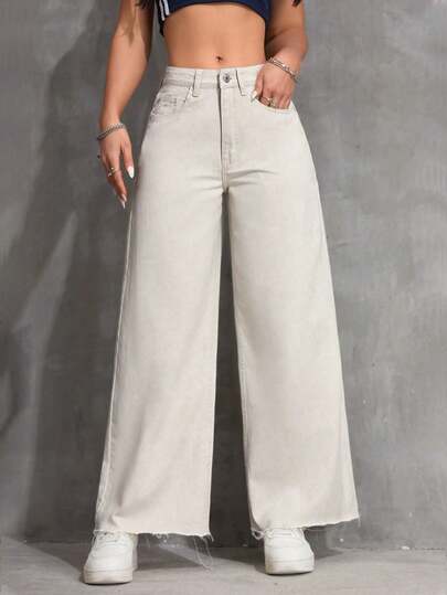 SHEIN ICON Pantalones vaqueros de pierna ancha de unicolor, versátiles y casuales con bolsillo