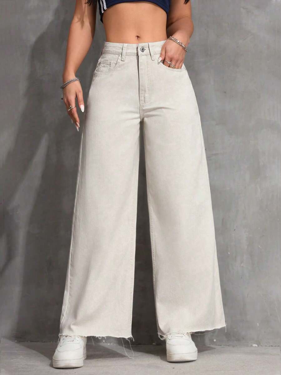SHEIN ICON Solid Color Pocket Casual Versatile Wide Leg Jeans - Khaki - View 1