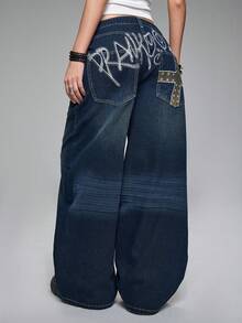 ROMWE Grunge Punk Spring Casual Y2K Chic Letter & Cross Embroidered Distressed Loose Fit Super Low Waist Wide Leg Women Jeans - Blue - View 2