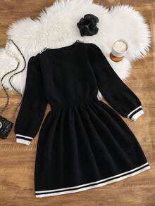 SHEIN 少女休闲时尚百搭针织蕾丝花边腰部拼布长袖连衣裙 - 黑色 - 查看 2