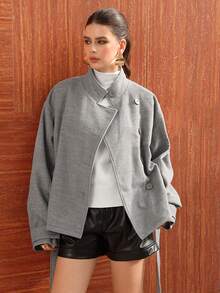 Modelyn Cappotto casual coreano con colletto a doppia faccia grigio, con laccetti, adatto per autunno/inverno - Grigio - Visualizzare 6