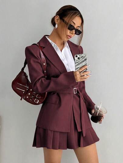 SHEIN Tall 女式宽松休闲腰带西装外套和 A 字褶中长裙套装，春秋
