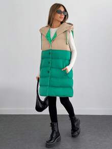EURMUSE Woman 2 Colored Block Color Sleeveless Padded Drawstring Detailed Hoody Neck Front Snap Button Up Midi Length Winter Coat Casual - Multicolor - View 5