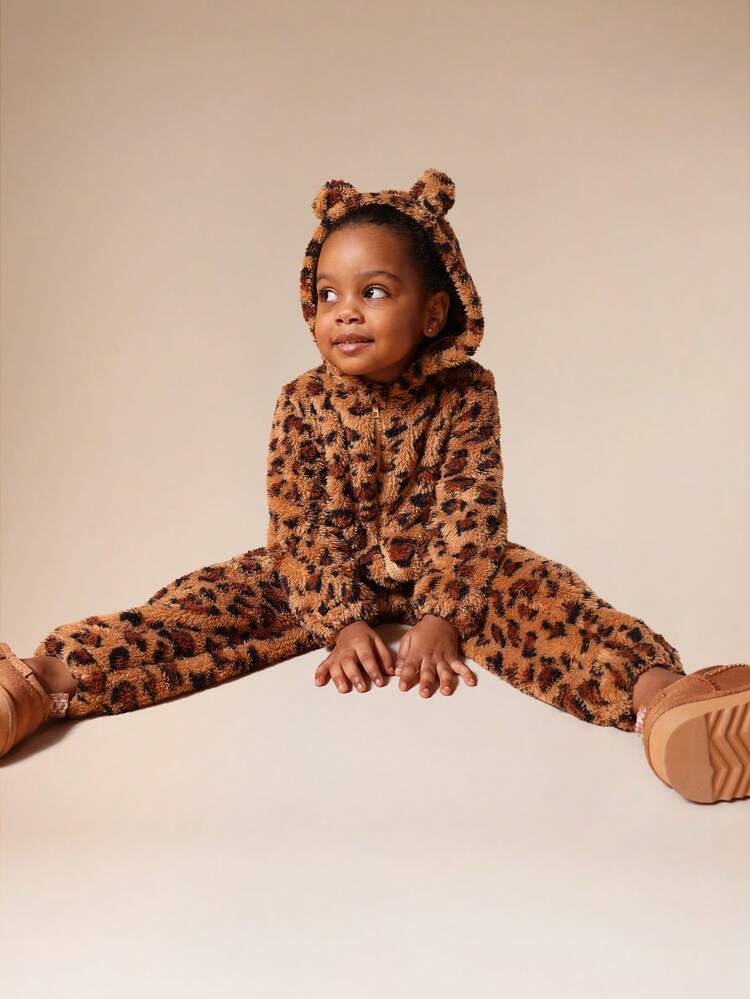 Leopard Print Hooded Jumpsuit With Ears