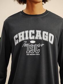 Open Phase 男士花卉字体复古美式圆领卫衣 | 芝加哥字母印花 | 休闲街头风，秋冬春夏皆宜 - 深灰色 - 查看 6