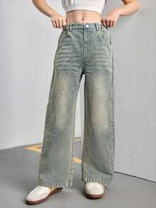 SHEIN Tween Girls Y2K 风格水洗蓝色宽松休闲牛仔裤，带有俏皮心形刺绣，适合日常穿着 - 淺色水洗藍 - 查看 3