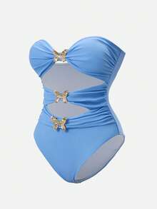 Swim Oasis Conjunto de dos piezas de traje de baño elegante azul con decoración de mariposa metálica de 3 niveles, nudo retorcido, falda azul y azul bebé. Conjunto de playa para mujer de moda azul bebé - Azul - Ver 5