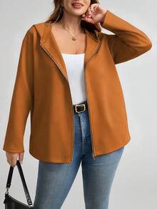 SHEIN LUNE 大码女式秋冬休闲外套，万圣节服装拉链连帽外套带口袋，百搭秋冬外出外套 - 摩卡棕 - 查看 4