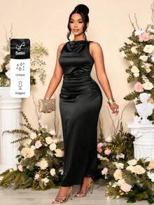 SOLERSUN 大码女式优雅纯色褶皱领无袖派对礼服，肩部多款式扭纹连衣裙，修身褶皱红棕色缎面面料，非常适合宴会、秋冬室内装 - 黑色 - 查看 6