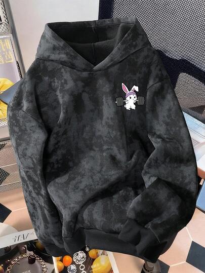 Manfinity Joysei Sudadera con capucha casual para hombres con forro térmico y estampado vintage, esencial para el uso al aire libre en otoño/invierno, sudadera con capucha gráfica negra, top de manga larga