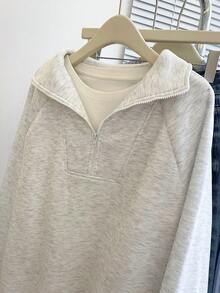 Resyla 女士纯色简约日常半拉链卫衣 - 淺灰色 - 查看 6