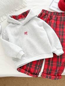 Genkimix Kids 2 件 Genkimix 女童蝴蝶结刺绣休闲连帽卫衣 + 格子直筒休闲裤套装 - 灰色 - 查看 1