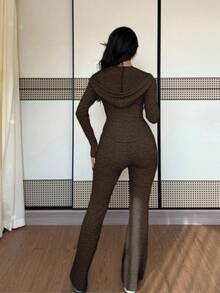 SHEIN PETITE 2 件套女式休闲连帽运动衫，带口袋和罗纹喇叭裤，百搭秋冬装 - 巧克力棕 - 查看 2