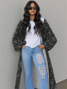 INAWLY 1 chiếc áo khoác dài tay thời trang đa năng bằng polyester cỡ lớn thanh lịch, in toàn bộ, dáng rộng thoải mái, phù hợp với mọi mùa - màu đen - Xem 1