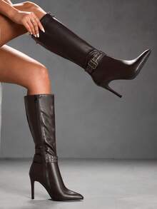 CUCCOO SZL High-Quality Autumn/Winter Buckle Fashionable Personalized Brown Knee-High Boots, Pointed Toe Chunky Heel Elegant Women's Boots, Versatile New Style Long Boots Showcasing Feminine Charm And Elegant - Brown - View 7