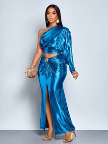 SOLERSUN "Áo sơ mi dài tay xếp ly một bên vai dành cho nữ, áo dài tay, thích hợp mặc dự tiệc, lễ hội âm nhạc" - Màu xanh ngọc - Xem 8