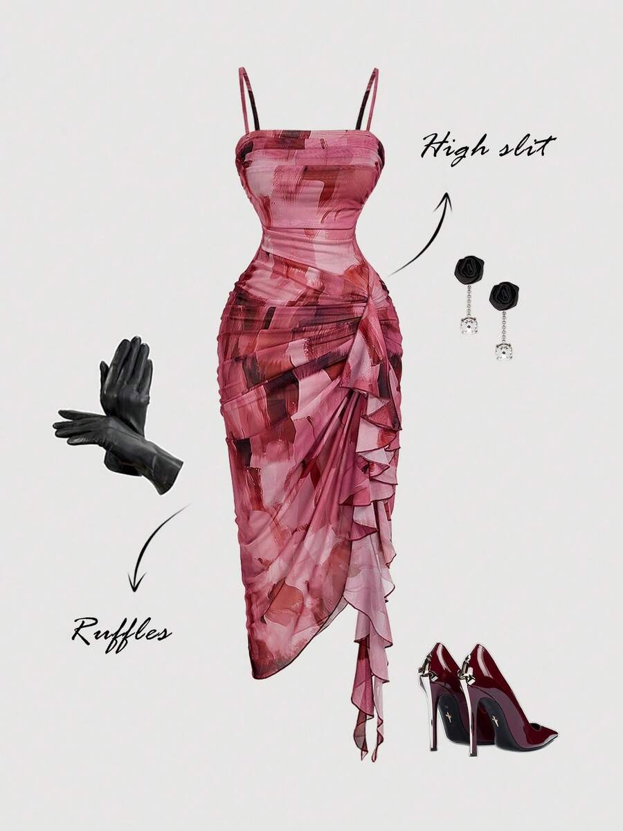 SHEIN MOD Váy nữ viền bèo nhún họa tiết chuyển màu hồng, váy viền bất đối xứng, váy hai dây màu xanh, trang phục ngày lễ tình nhân, trang phục mùa xuân cho nữ, trang phục tiệc độc thân - Nhiều màu - Xem 1