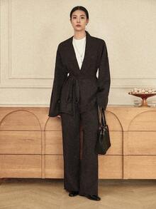 Dazy-Less 女士宽松商务休闲针织开衫和直筒休闲裤两件套西装，秋冬 - 軍綠色 - 查看 3