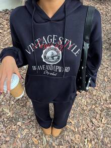 DAZY Women's Letter Print Drop Shoulder Long Sleeve Hoodie With Pocket & Drawstring, Casual 2 Pieces Set, Autumn/Winter