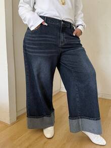 SHEIN CURVE+ Große Größen Lässig Washed Weite Bein Jeans