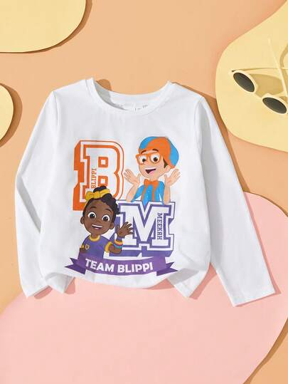 Blippi X SHEIN Young Girl Cartoon Letter & Character Print Round Neck Long Sleeve Knit White T-Shirt