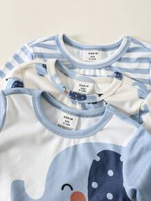 SHEIN 6pcs Baby Boy Snug Fit Cartoon Elephant & Striped Pattern Soft & Comfortable Bodysuit Pajama Set - Blue and White - View 6