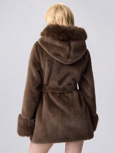 Women's Fashionable Hooded Faux Fur Jacket, Autumn/Winter