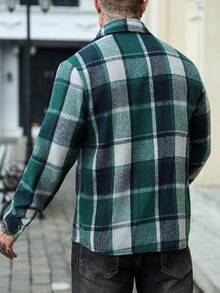 Manfinity Homme Men's Casual Regular Shoulder Front Button Plaid Long Sleeve Shacket Flannels For Men Checkered Shirt Shacket, For Winter - Green - View 2