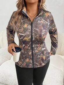 SHEIN Jaqueta feminina plus size estampada, nova moda primavera/outono, casual, cintura ajustada, emagrecedora, listra branca, mais vendida